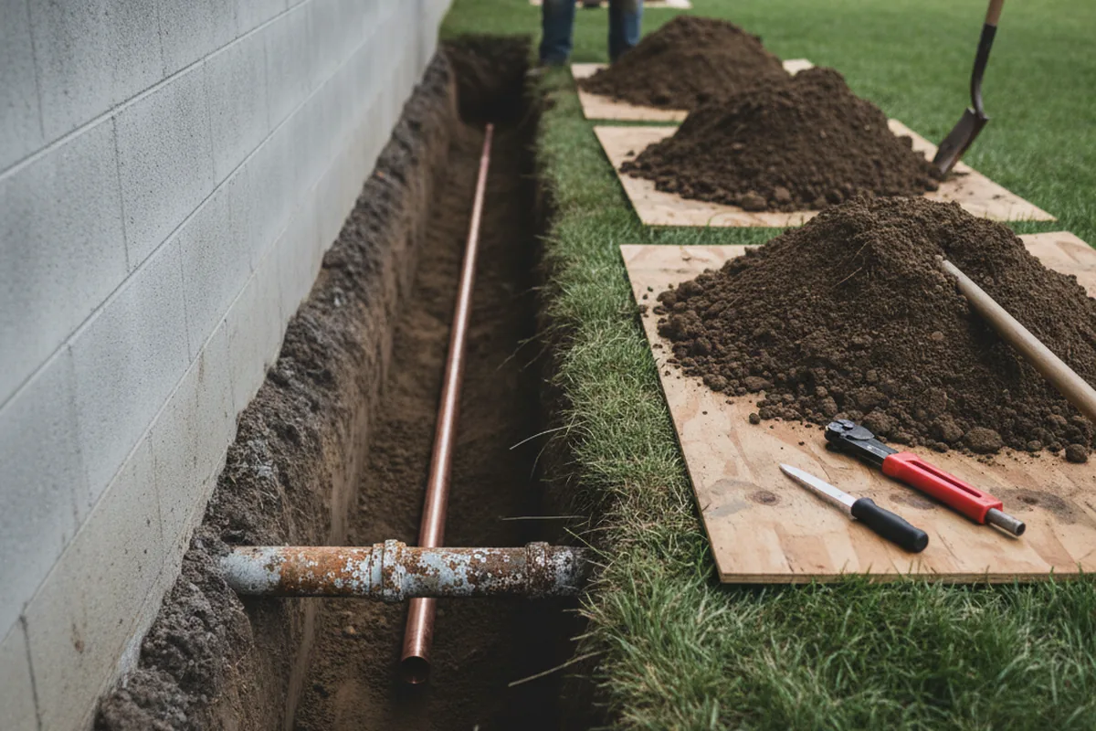 Excavated water line trench during Sewer Line Repair in Waldo